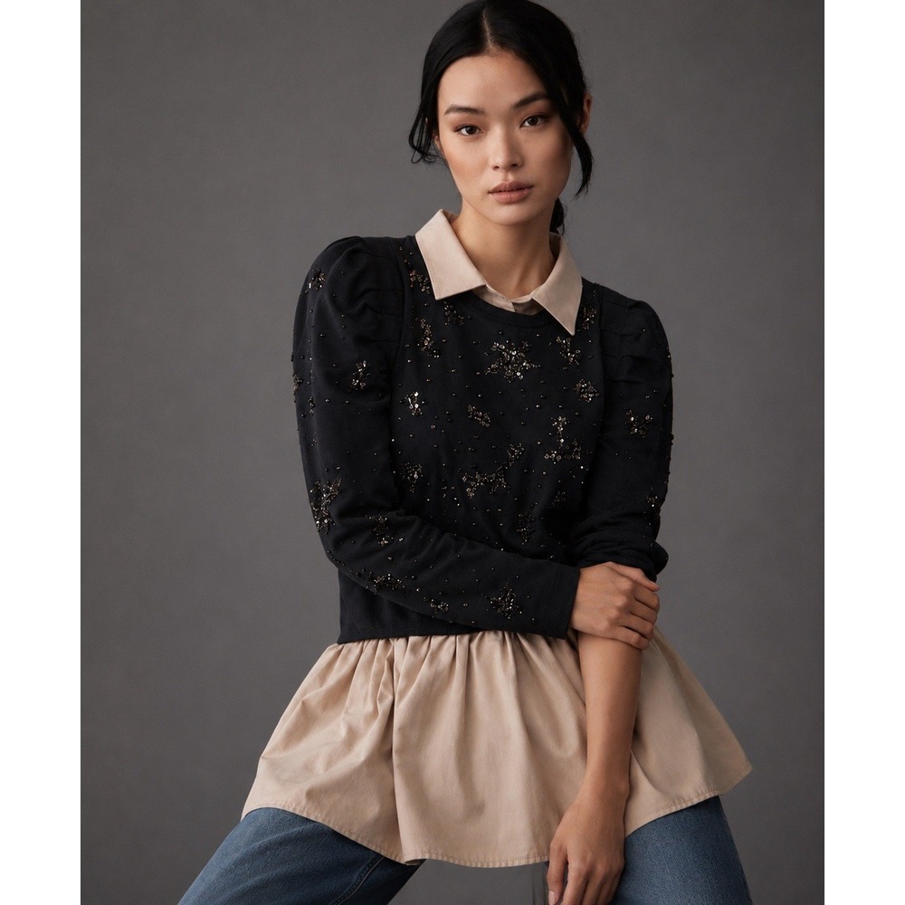 NWT Pilcro Anthropologie Embellished Puff Sleeve Top Black L Pullover Preppy